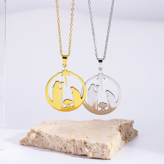 Stainless Steel Praying  Hollow Circle Pendant Necklace, Stylish Niche Design, Elegant High-End Jewelry